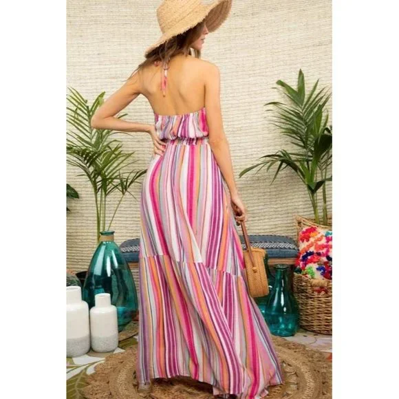 Main Strip Striped Halter & Lace Maxi Dress - Picture 4 of 6